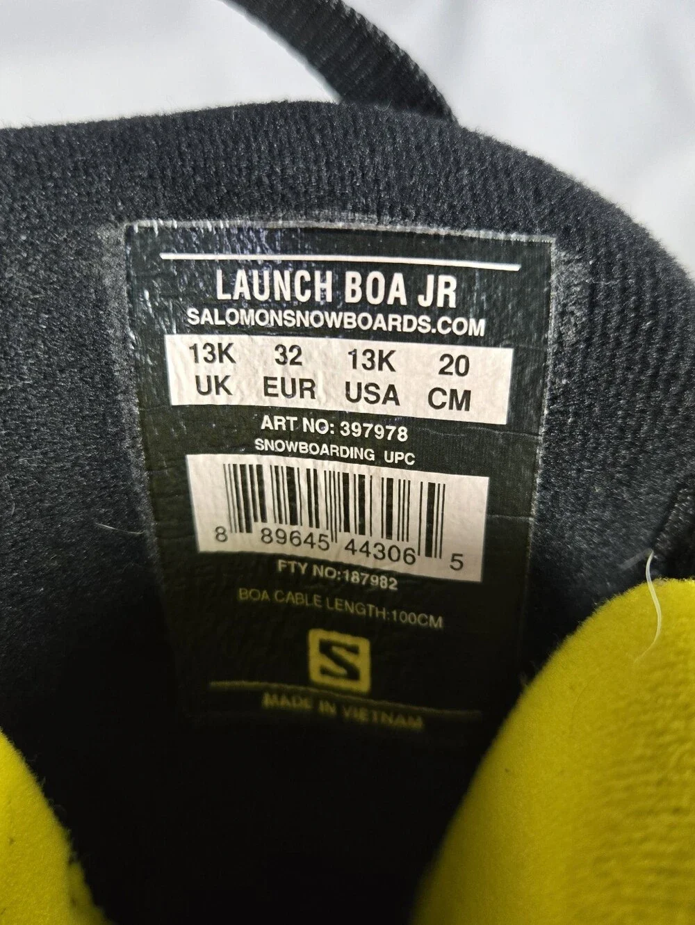Salomon Kids Launch BOA Jr Snowboard Boots Black Yellow Size 13K
